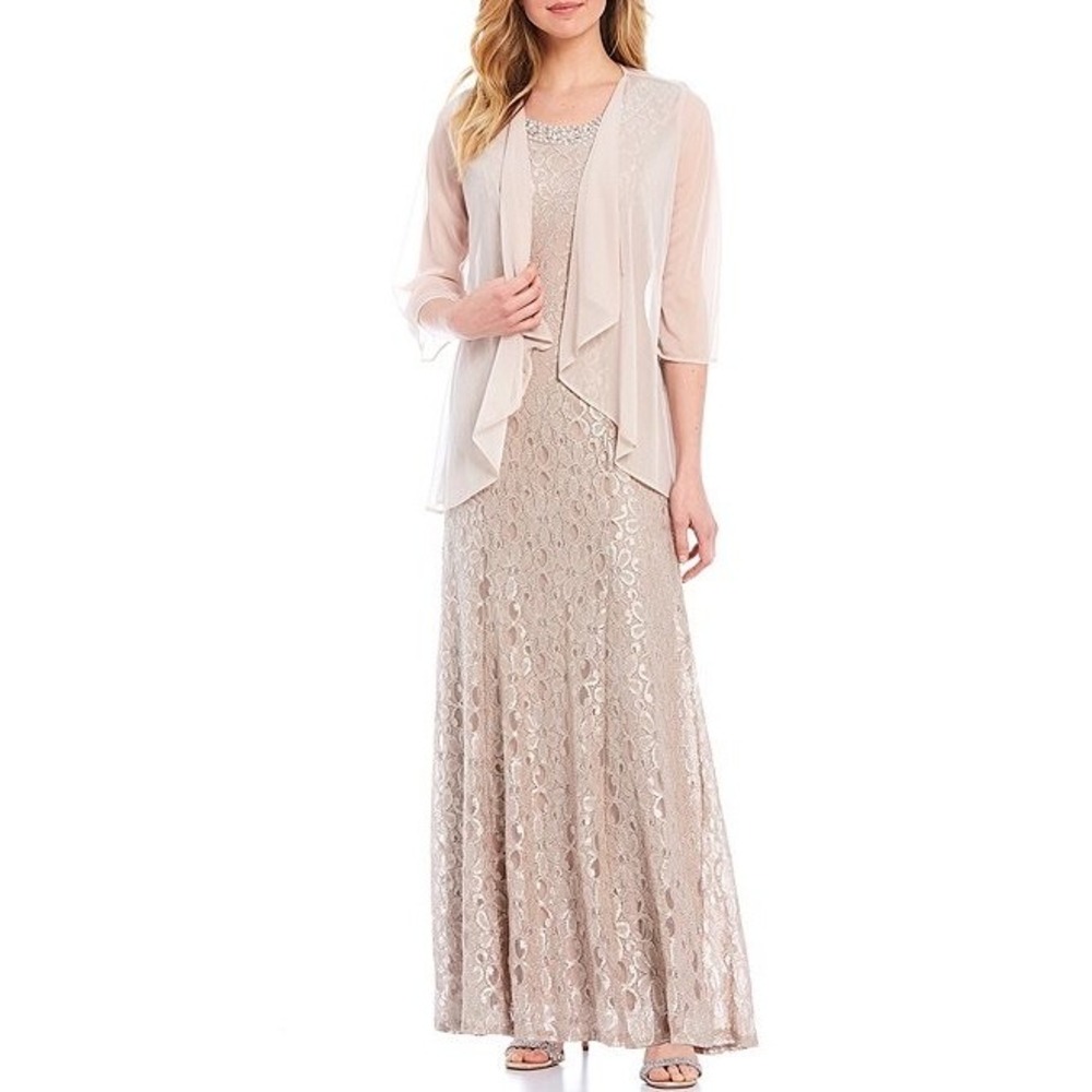 NWT R&M Richards Gown Set Womens Champagne Lace Pearl Beaded 16W $159